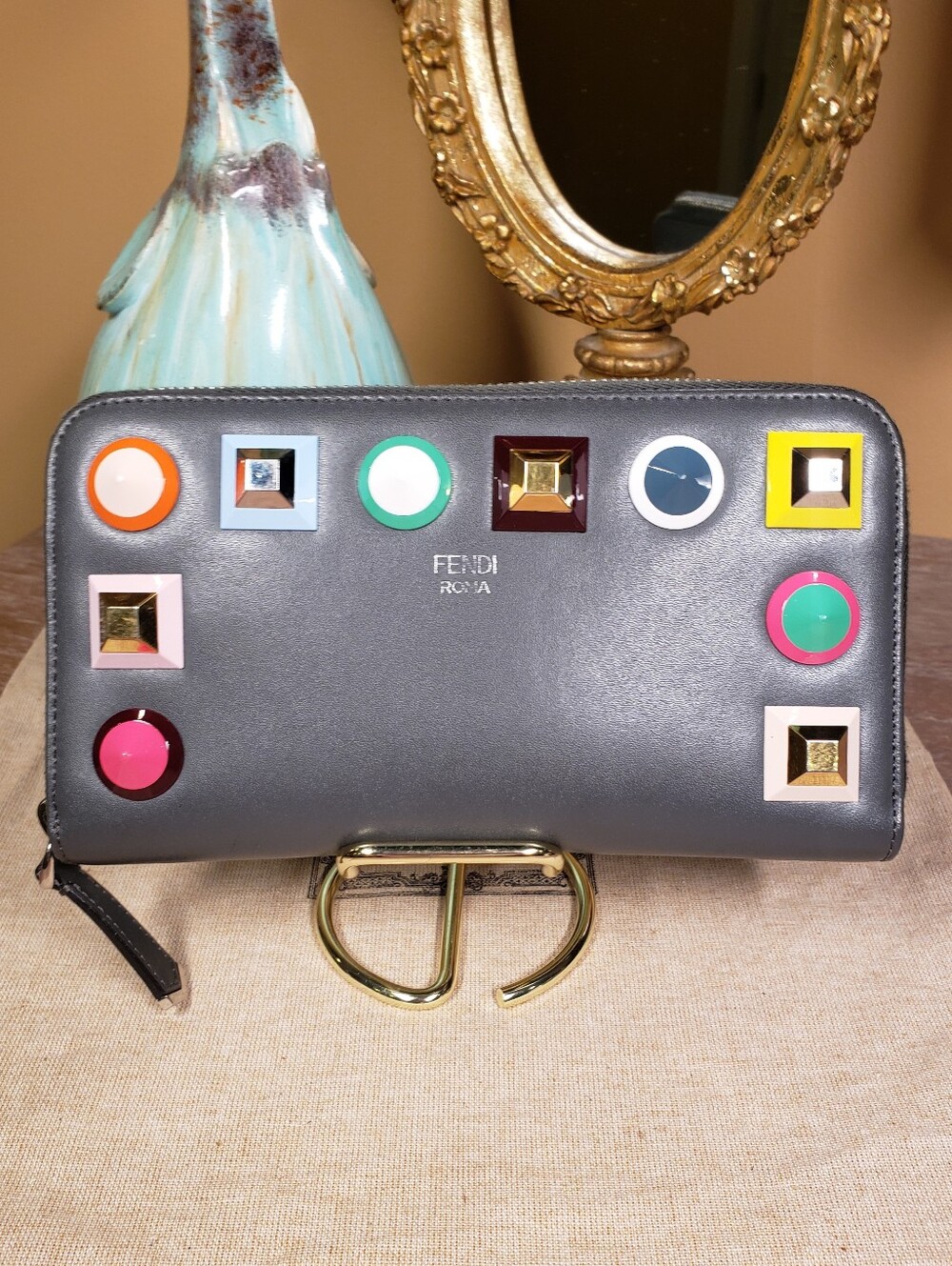 Fendi Gray Leather Zip Around Wallet w/ Multicolor Geometric Studs NWOT! ($950) - Picture 10 of 11